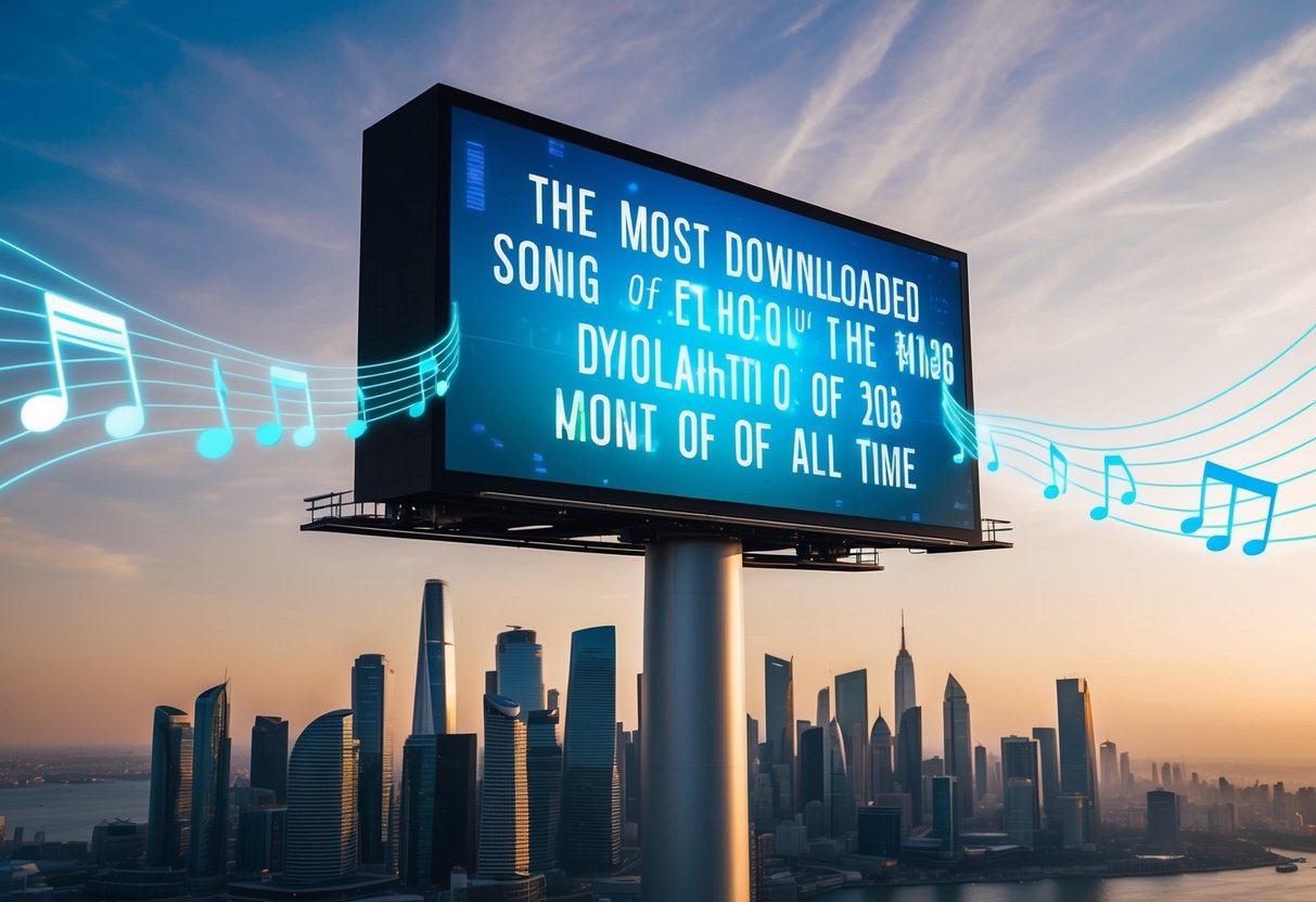 A futuristic city skyline with holographic music notes streaming from a digital billboard displaying the most downloaded song of all time