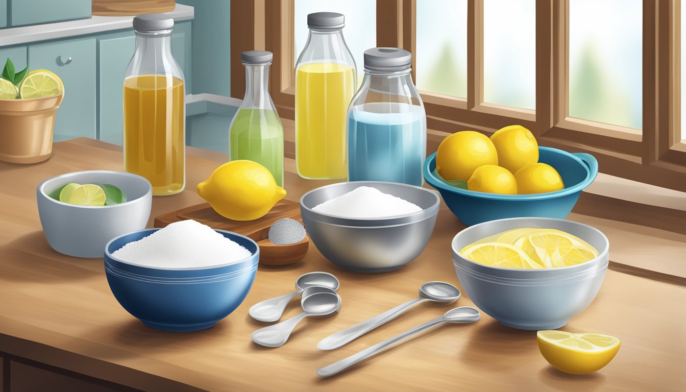 A kitchen scene with ingredients like baking soda, lemon juice, and vinegar on a countertop, with a bowl and measuring spoons