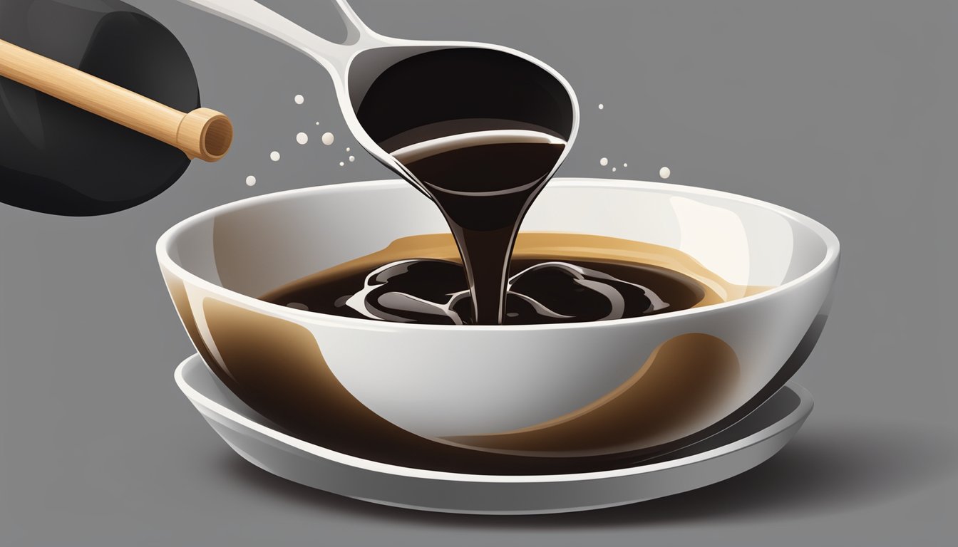 A bottle of dark soy sauce pouring into a bowl of light soy sauce