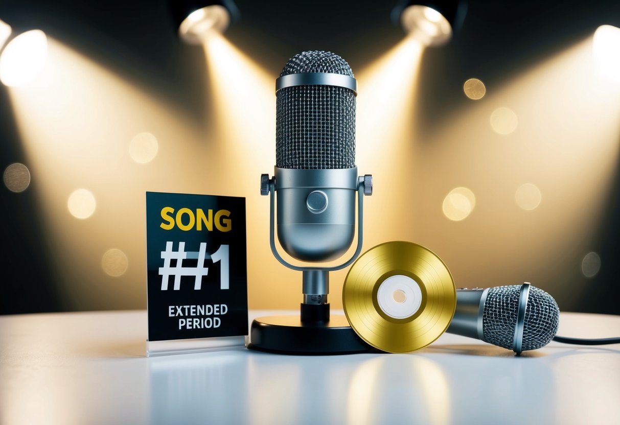 A microphone surrounded by a spotlight, with a golden record and a chart showing the song's position at #1 for an extended period