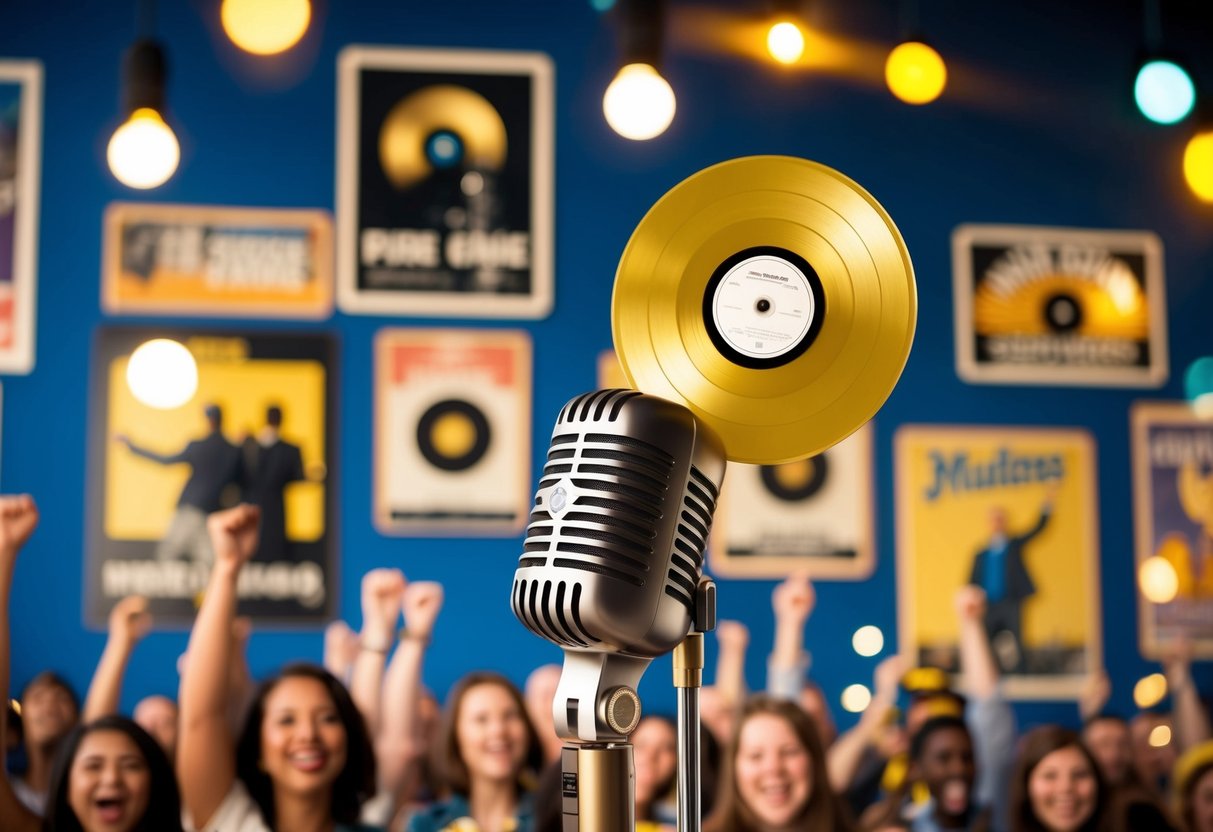 A microphone stand with a golden record spinning on top, surrounded by vintage music posters and a crowd of cheering fans