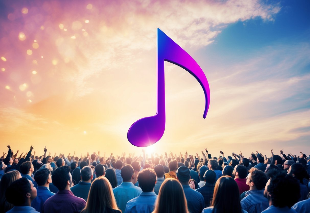 A vibrant music note soaring above a diverse crowd, symbolizing the global impact of the record-breaking #1 song