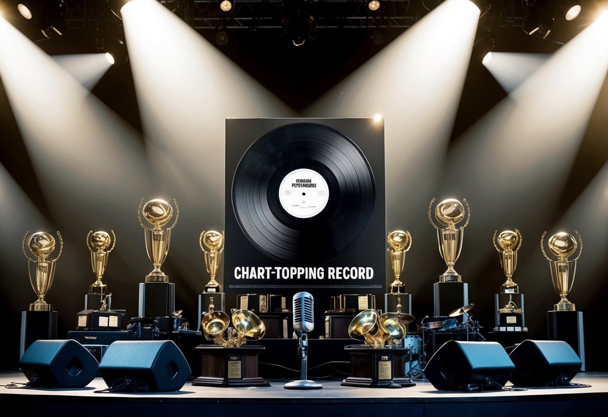 A stage filled with musical instruments and microphones, with spotlights shining on a chart-topping record surrounded by trophies and awards