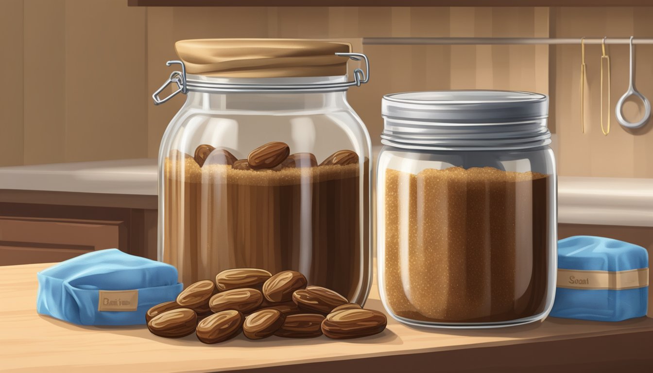 A jar of date sugar sits next to a bag of brown sugar on a kitchen shelf. The date sugar is being used to replace the brown sugar in a recipe