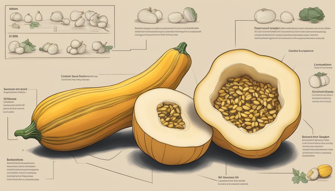 A delicata squash and butternut squash side by side with nutritional information displayed next to them