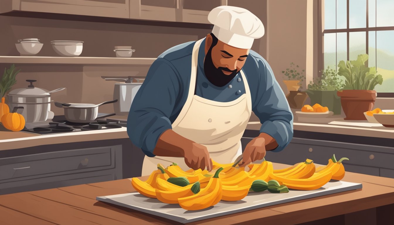 A chef slicing and roasting delicata squash as a substitute for butternut squash in a cozy kitchen