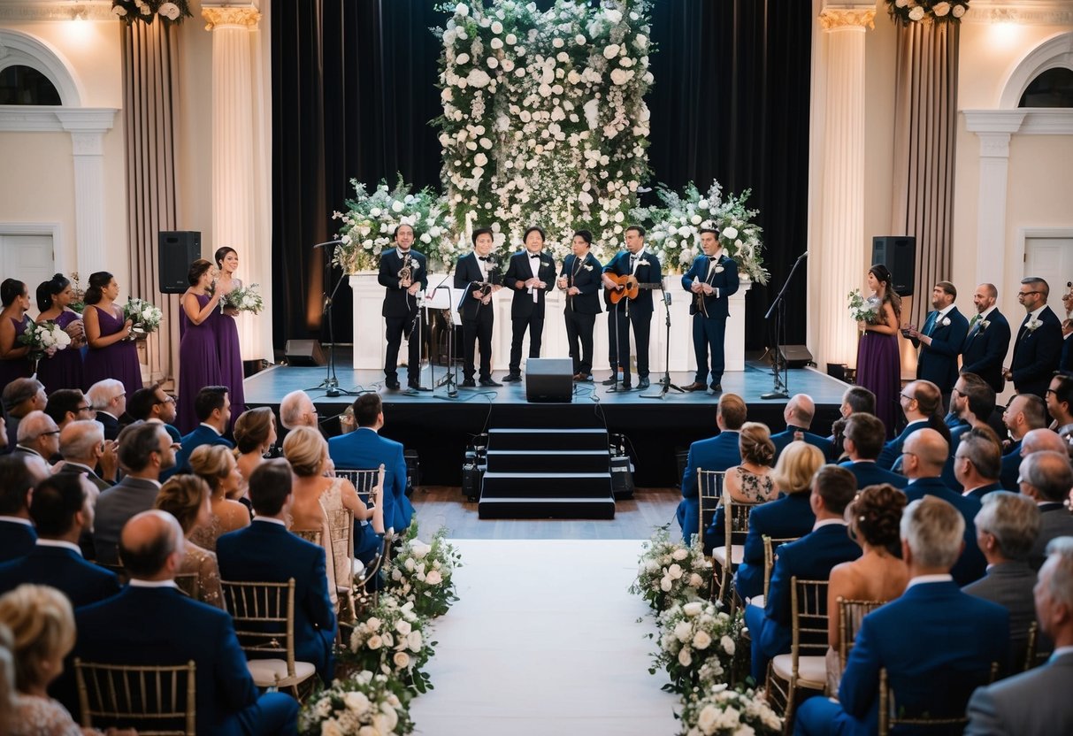 A grand stage with microphones and musical instruments set up for a wedding ceremony, surrounded by elegant decor and a crowd of excited guests