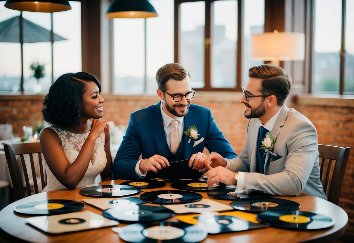 A couple sits at a table surrounded by records, listening and discussing song choices for their wedding
