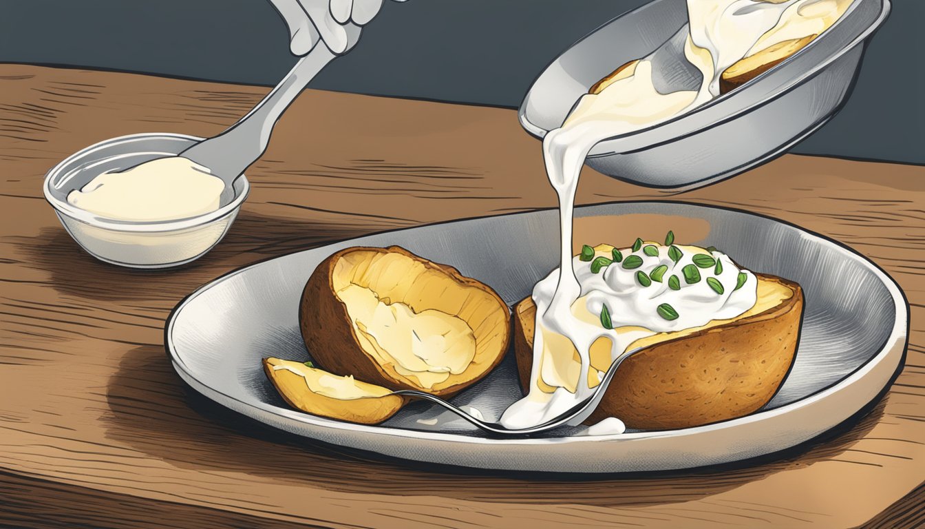 A bowl of crème fraîche being spooned onto a baked potato, with a container of sour cream nearby