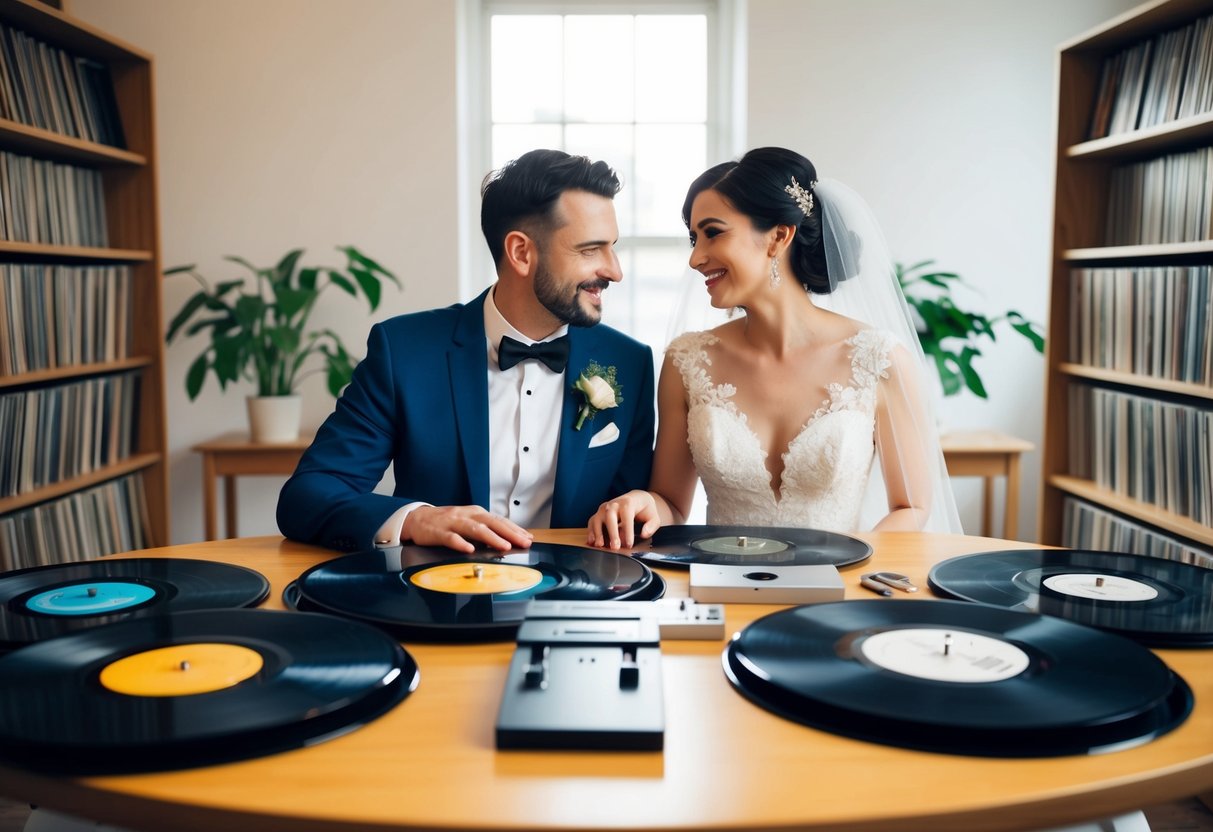A couple sits at a table surrounded by vinyl records, listening and selecting songs for their wedding