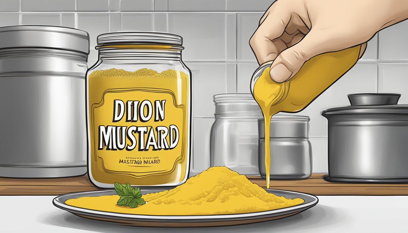 A jar of dijon mustard being used to replace a jar of yellow mustard in a recipe