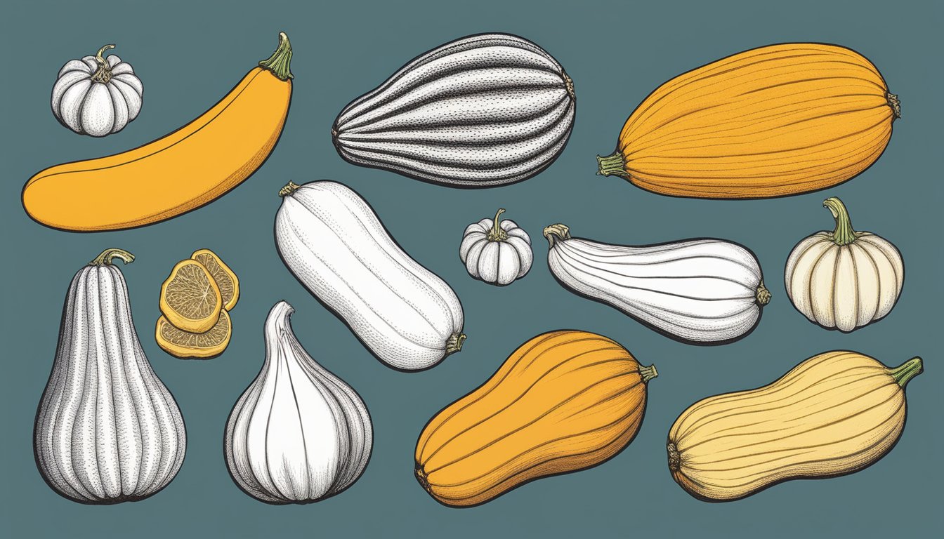 A delicata squash sits next to various flavor pairings and textures, indicating a substitution for butternut squash