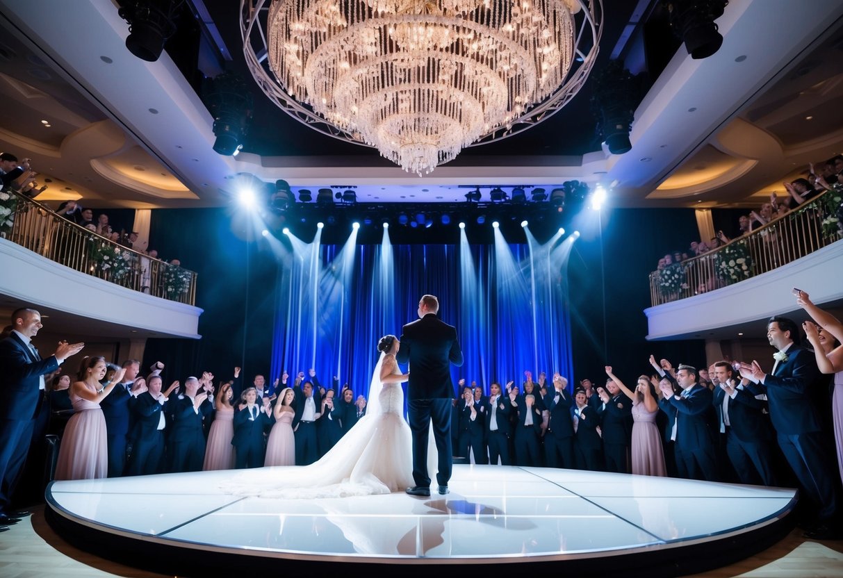 A grand stage with a microphone, spotlight, and cheering crowd at a luxurious wedding venue
