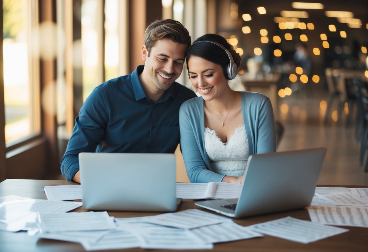 A couple sits at a table, surrounded by scattered sheet music and a laptop. They smile as they listen to different songs, trying to find the perfect ones for their wedding