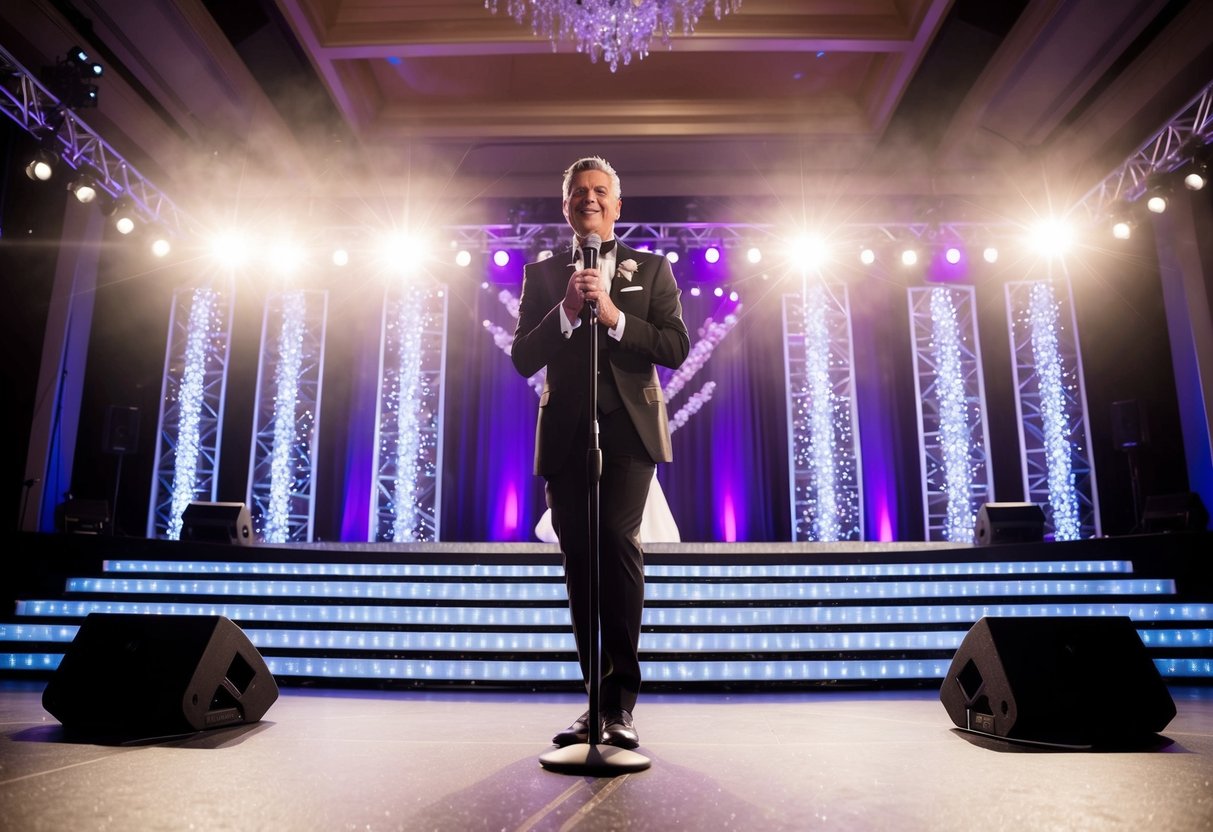 A grand stage adorned with twinkling lights and a microphone stands ready for a famous singer to perform at a wedding