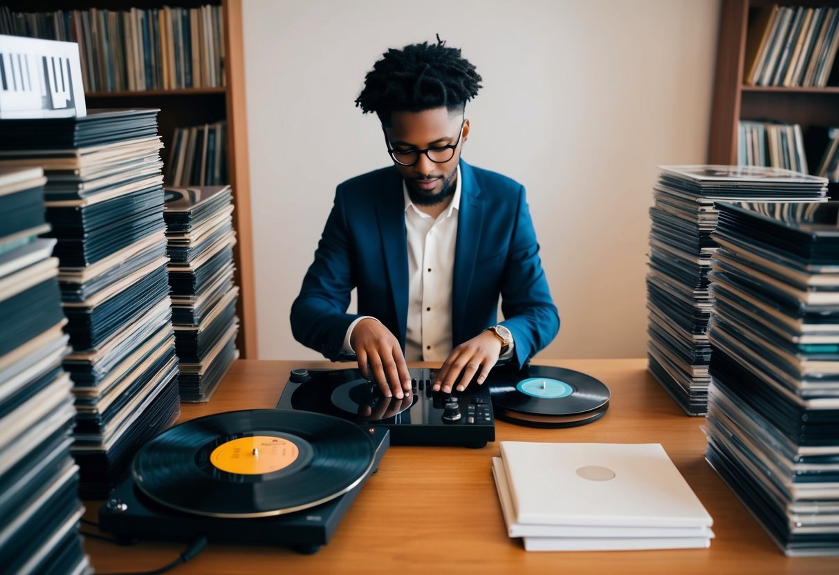 A person sits at a desk surrounded by stacks of vinyl records and digital music files, carefully selecting songs for a wedding playlist