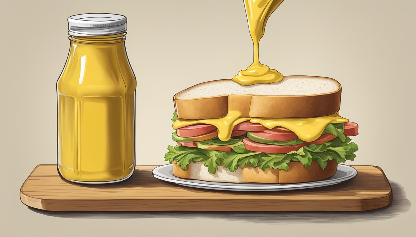 A jar of dijon mustard being poured onto a sandwich, with a bottle of yellow mustard sitting nearby