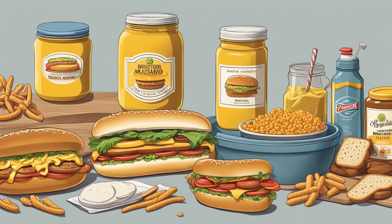 A jar of Dijon mustard next to a spread of various foods, including hot dogs, pretzels, and sandwiches