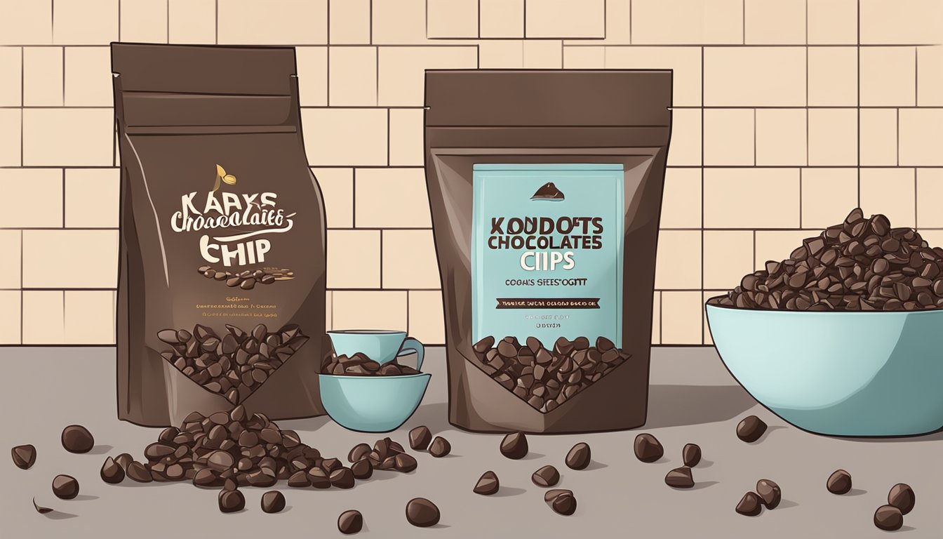 A hand reaching for a bag of dark chocolate chips on a kitchen counter, next to a bowl of semi-sweet chocolate chips