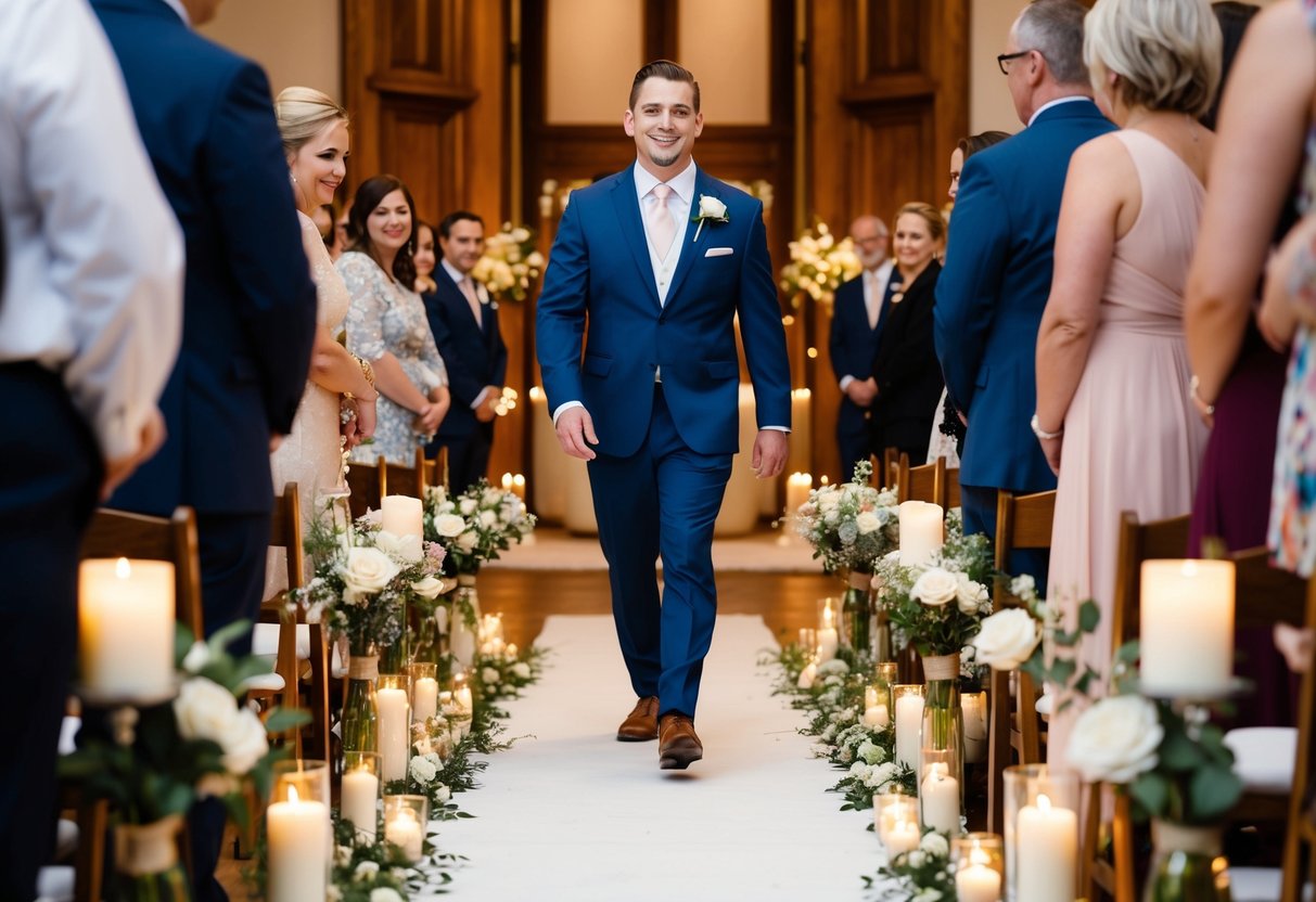 A groom walks down the aisle to his own song, surrounded by flowers and candles