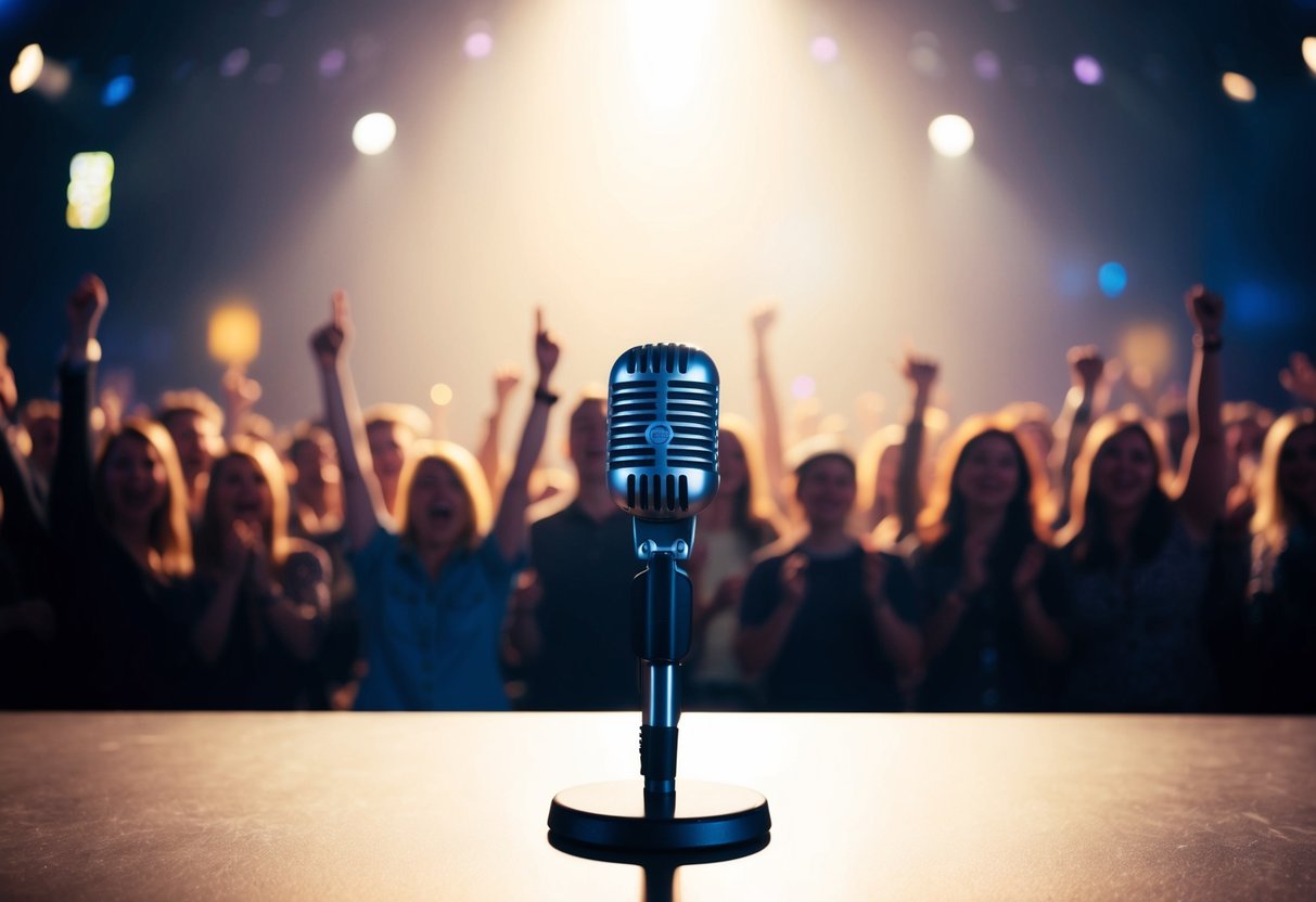 A microphone stands alone on a stage, illuminated by a spotlight. The crowd's cheers echo in the background