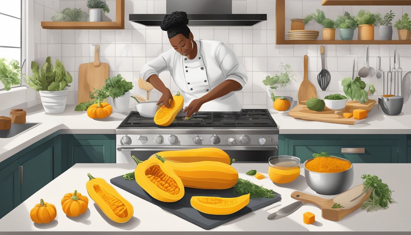 A chef swapping out butternut squash for delicata squash in a recipe, with various ingredients and cooking utensils on a kitchen counter