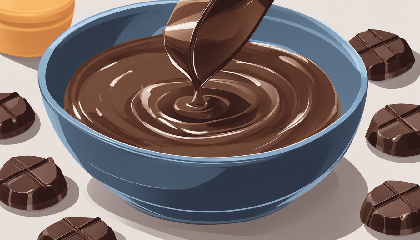 A hand pouring dark chocolate chips into a bowl of melted semi-sweet chocolate, stirring with a spatula