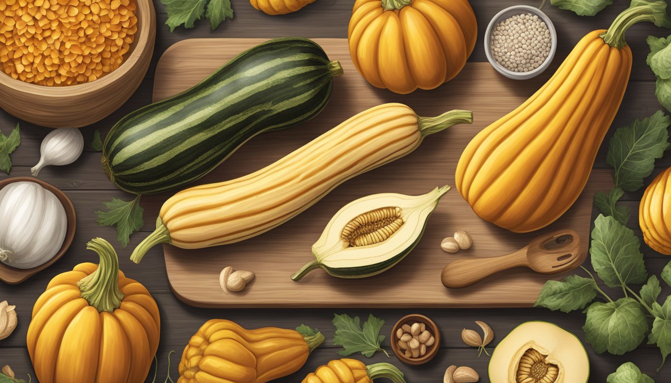 A delicata squash and a butternut squash sit side by side on a wooden cutting board, surrounded by various kitchen utensils and ingredients