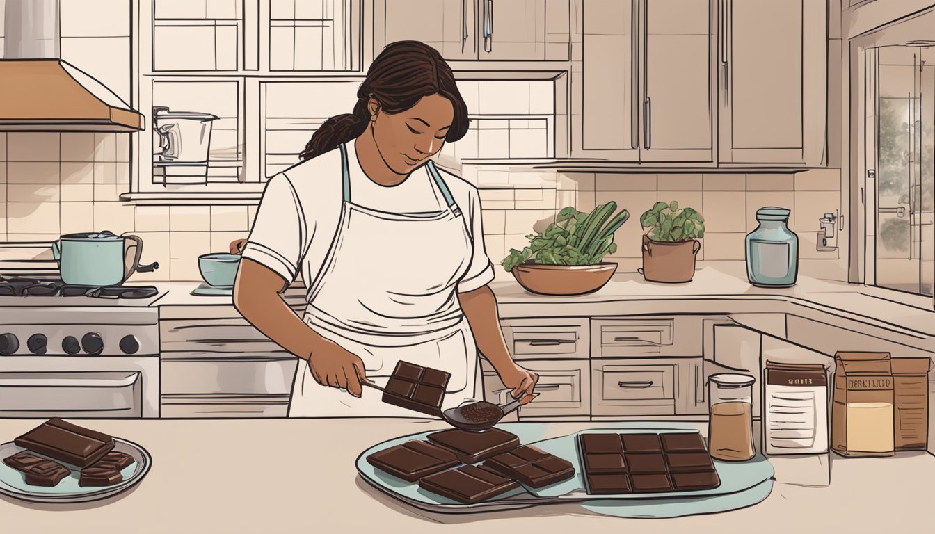 A person in a kitchen, swapping dark chocolate for semi-sweet chocolate in a recipe. Ingredients and utensils scattered on the counter