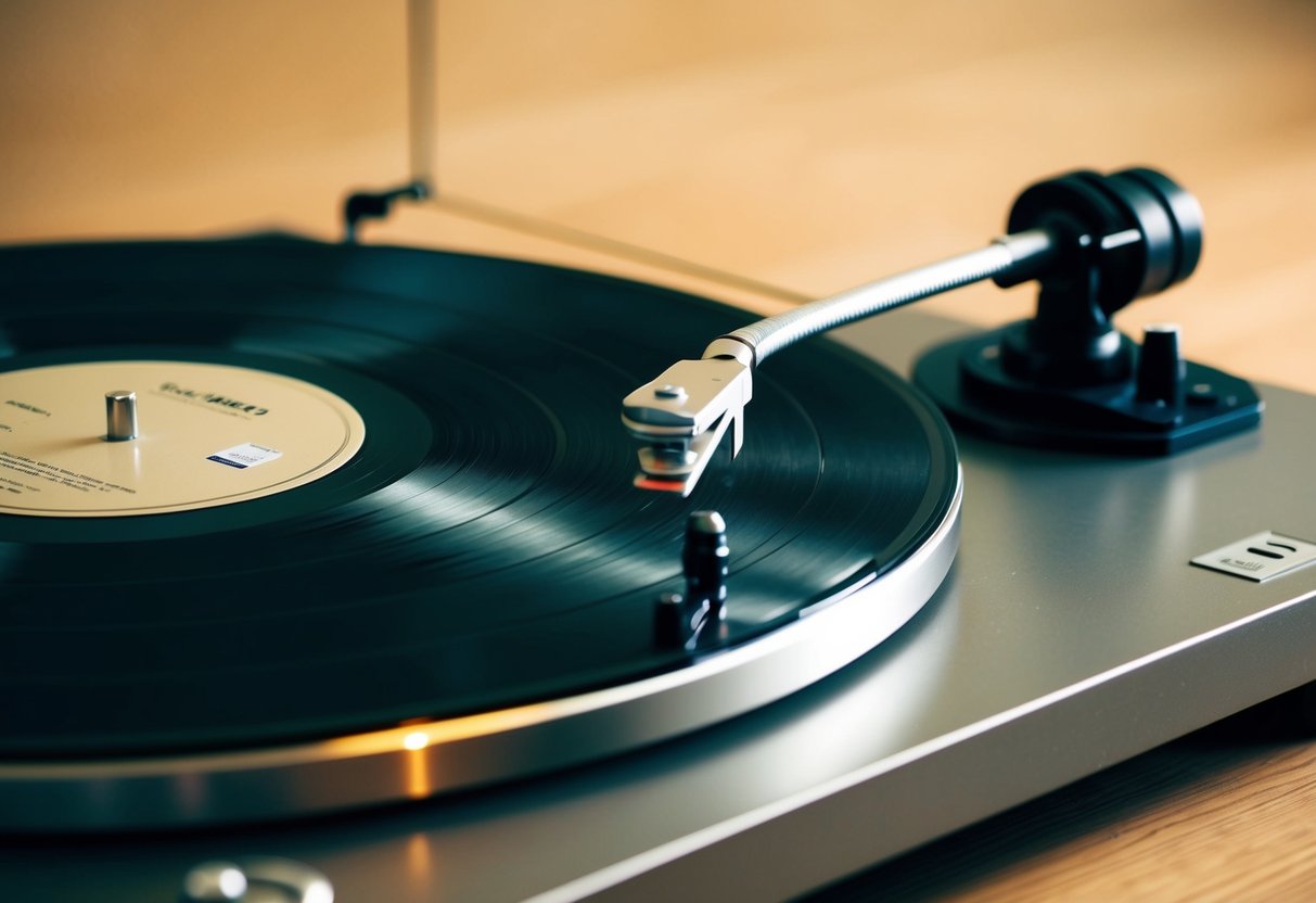 A vinyl record spinning on a turntable, with a stylus tracking the grooves