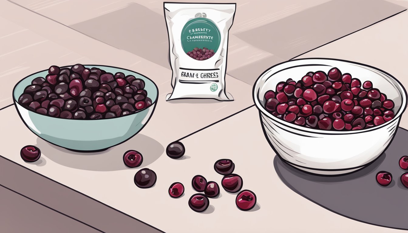 A bowl of dried cherries next to a bag of cranberries, with one cherry being swapped for a cranberry