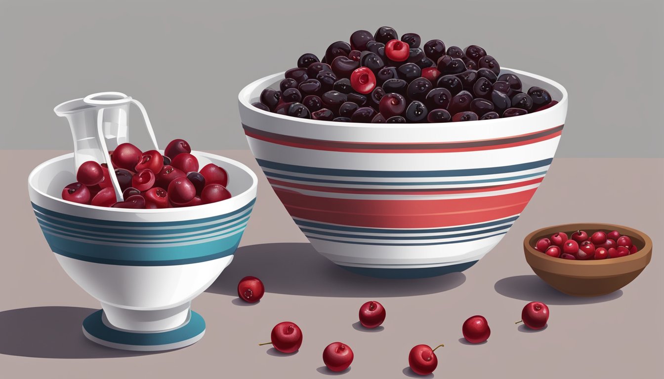 A bowl of dried cherries next to a bowl of fresh cranberries, with a measuring cup pouring cherries into a mixing bowl