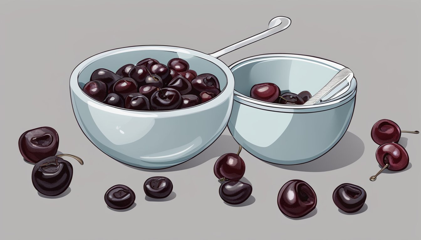 A measuring cup pouring dried cherries into a bowl, with a set of measuring spoons nearby for reference