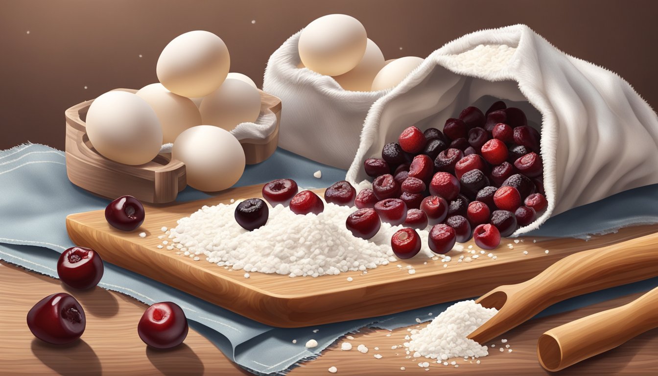 Dried cherries spilling out of a bag onto a wooden cutting board, surrounded by baking ingredients like flour, sugar, and eggs