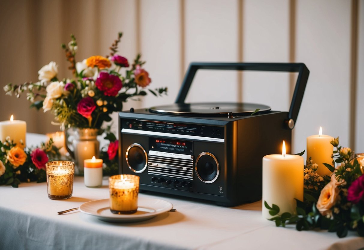 A table adorned with flowers, candles, and a music player