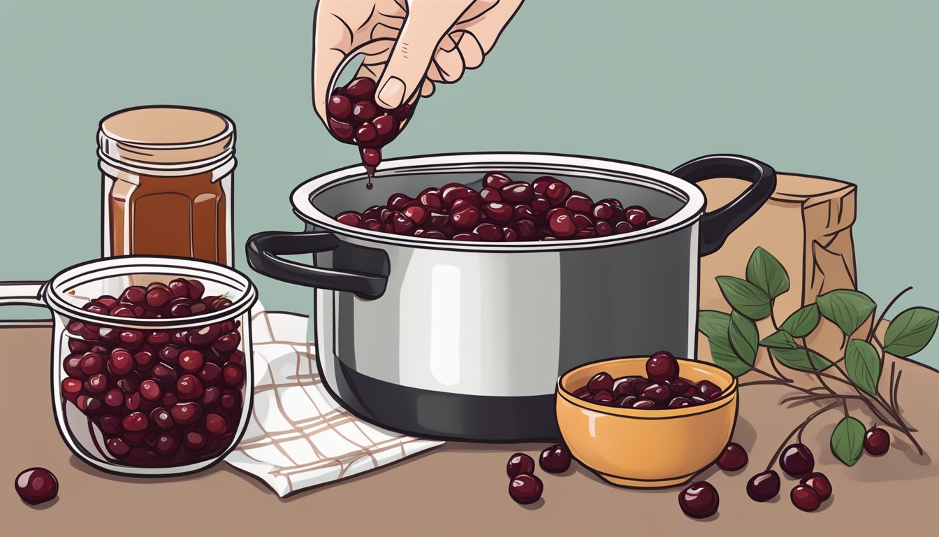 Dried cherries being added to a simmering pot of sauce, with a jar of jam and a bag of cranberries nearby