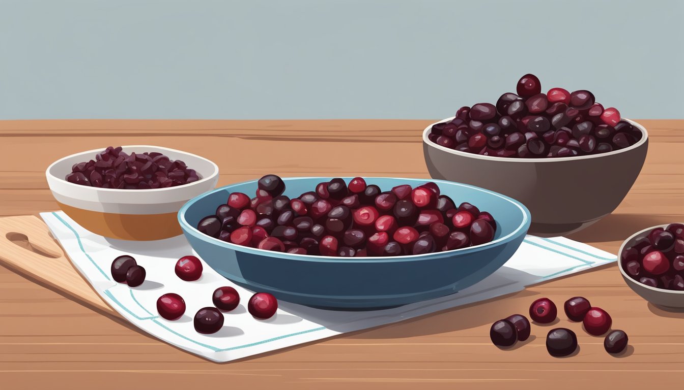 A bowl of dried cherries spills onto a cutting board next to a pile of fresh cranberries. A hand reaches for a measuring cup