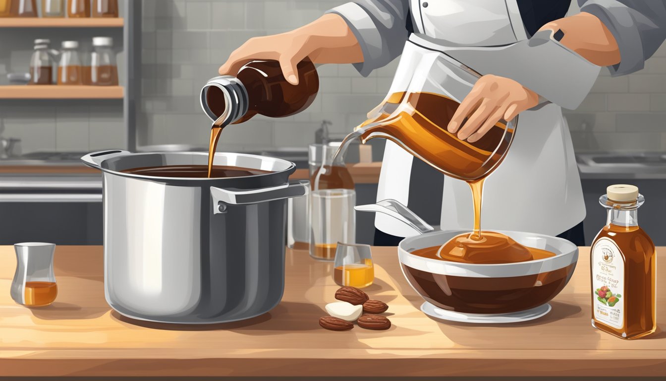 A chef pouring date syrup into a measuring cup, with a bottle of maple syrup nearby