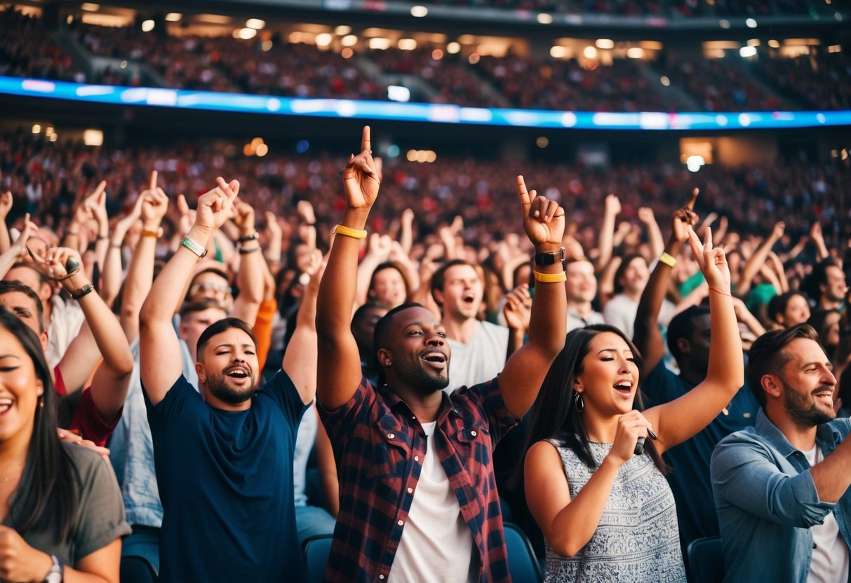 A crowd of diverse people dancing and singing along at a packed stadium concert