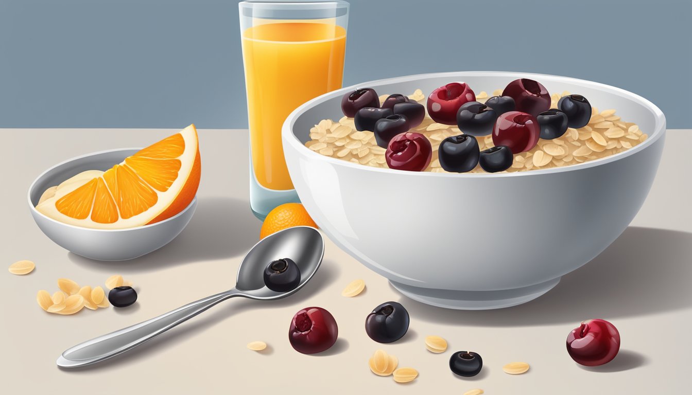 A bowl of oatmeal topped with dried cherries instead of cranberries, surrounded by fresh fruits and a glass of orange juice