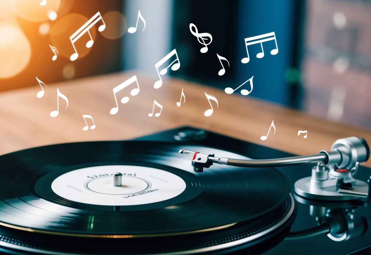 A record-breaking vinyl spinning on a turntable with musical notes floating around it
