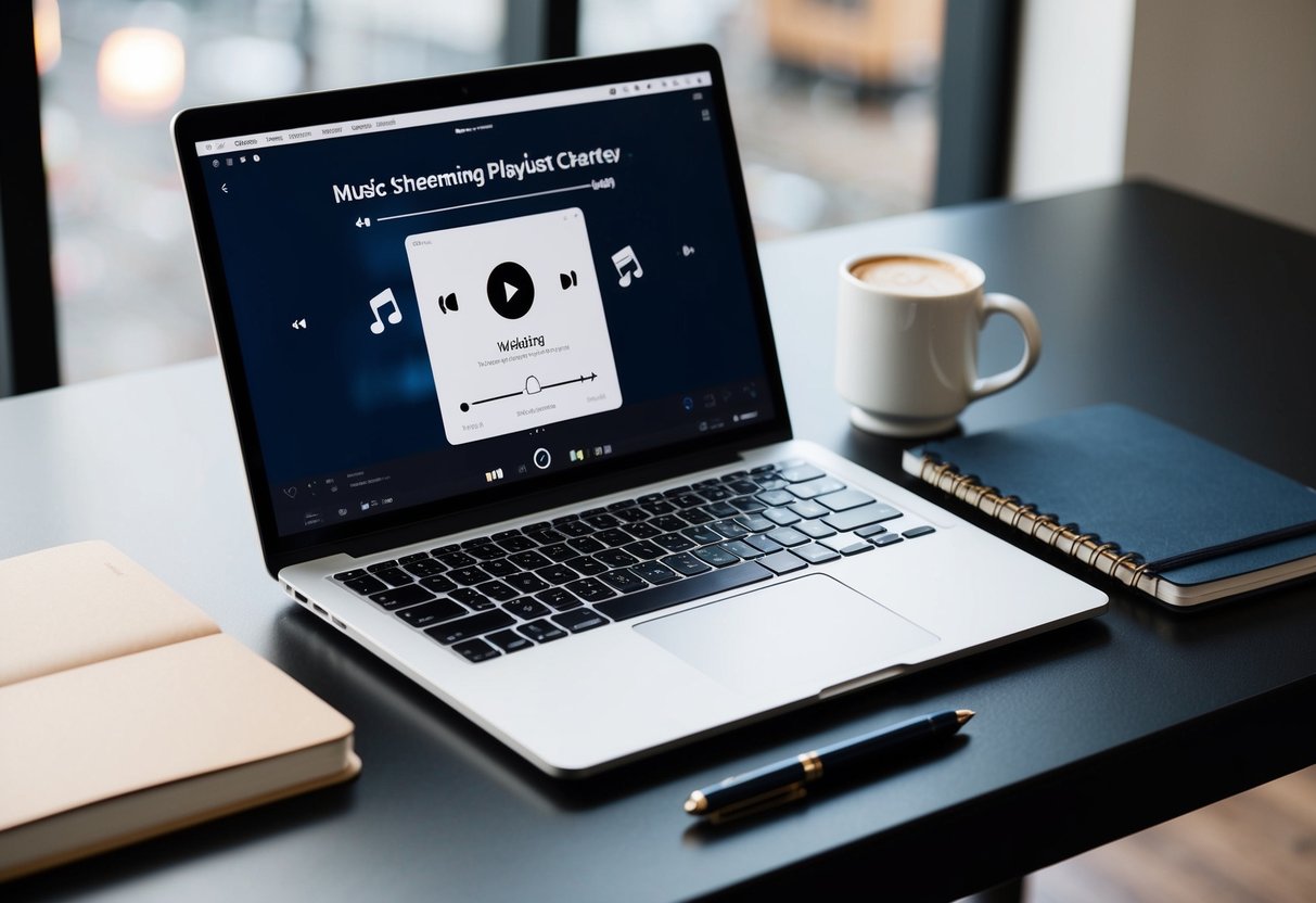 A table with a laptop, a notebook, and a pen. On the laptop screen, a music streaming service is open with a wedding playlist being created