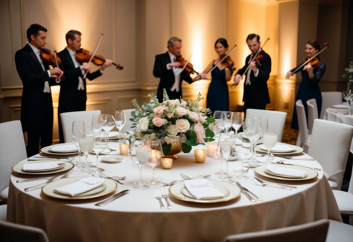 Soft light illuminates a table set with elegant dinnerware, surrounded by floral centerpieces. A string quartet plays in the background as guests converse and enjoy their meal