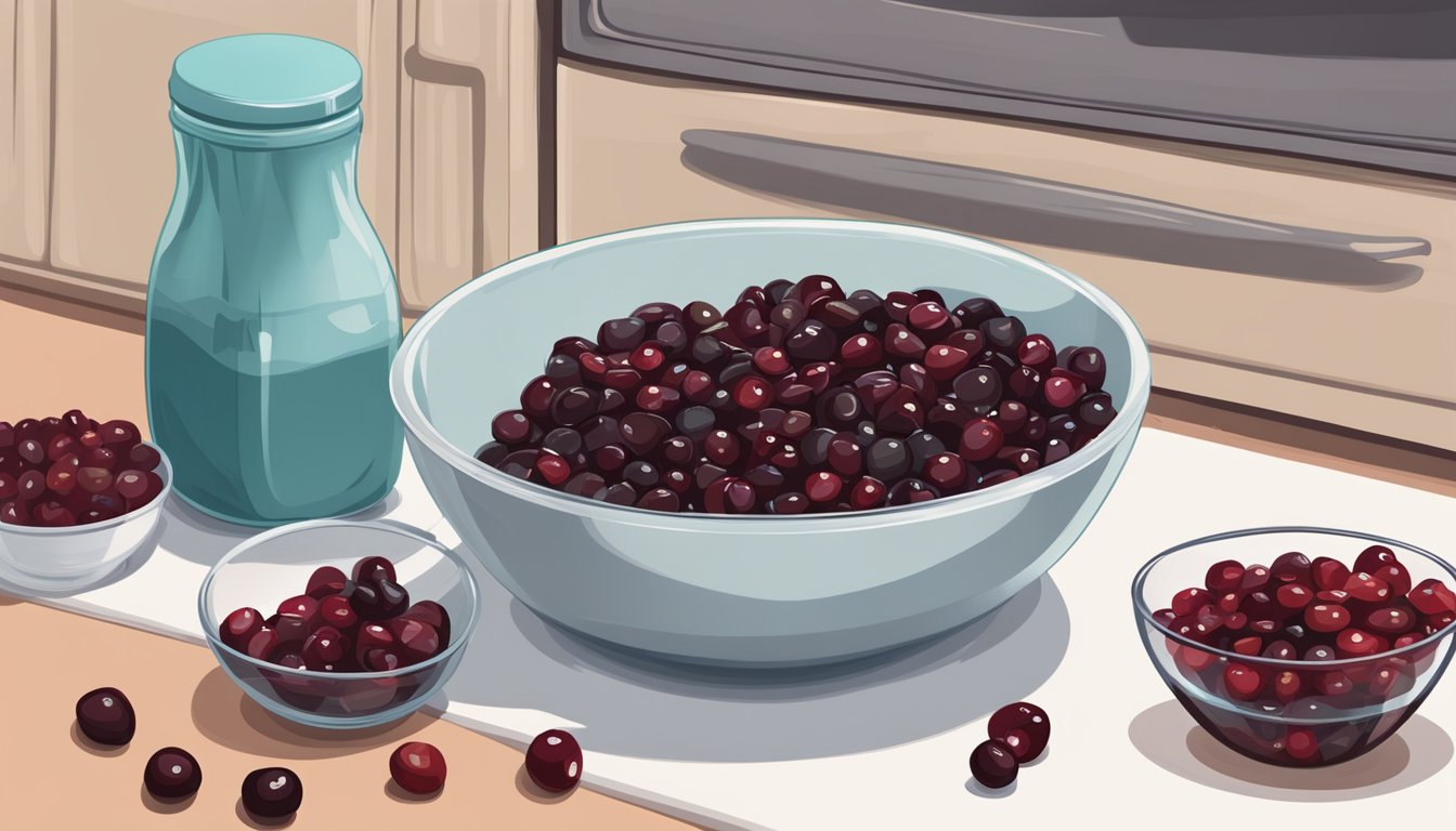 A bowl of dried cherries pouring into a measuring cup, with a bag of cranberries next to it. Airtight containers and a refrigerator in the background