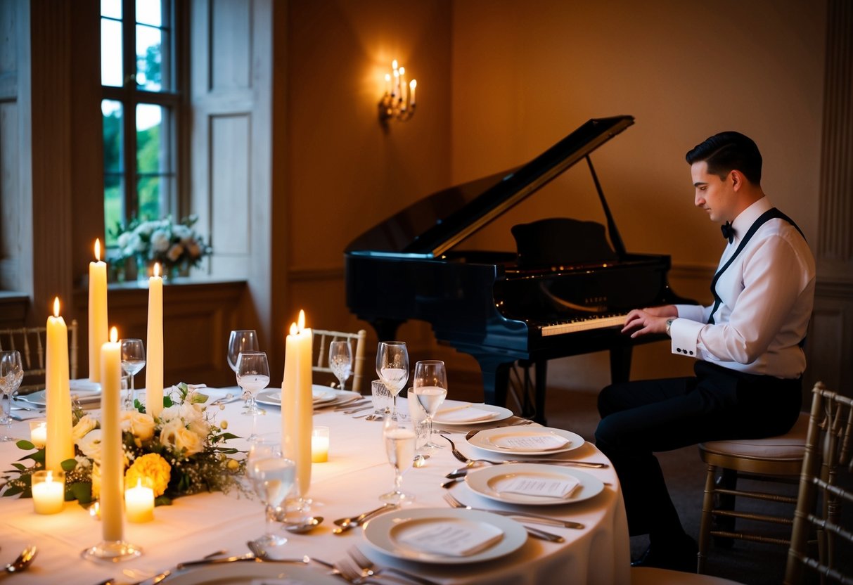 Soft candlelight illuminates a table set for a wedding dinner. A musician plays a grand piano in the corner, filling the room with elegant music