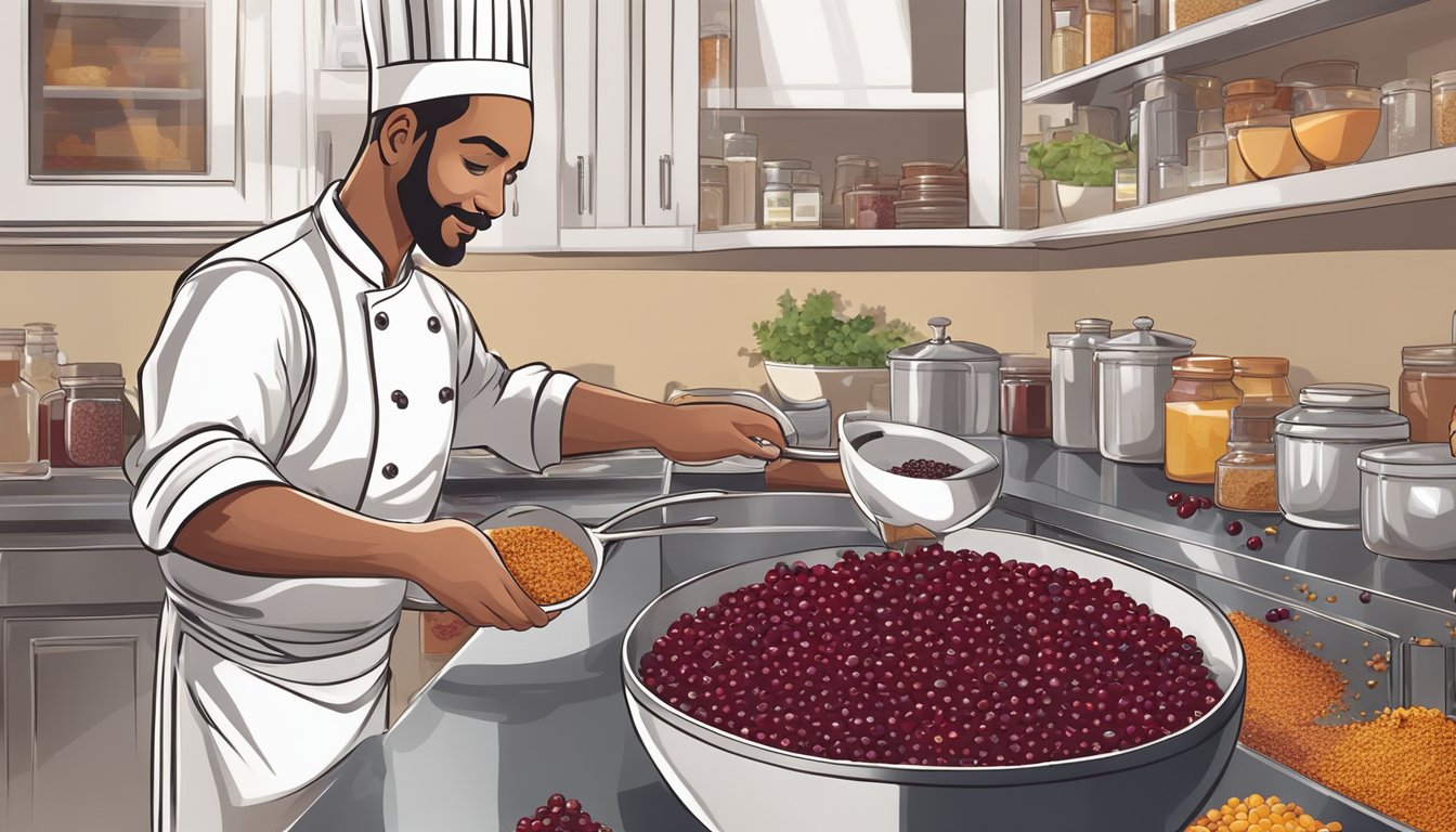 A chef pouring a handful of dried cherries into a bowl of cranberries, with various international spices and ingredients scattered around the kitchen counter