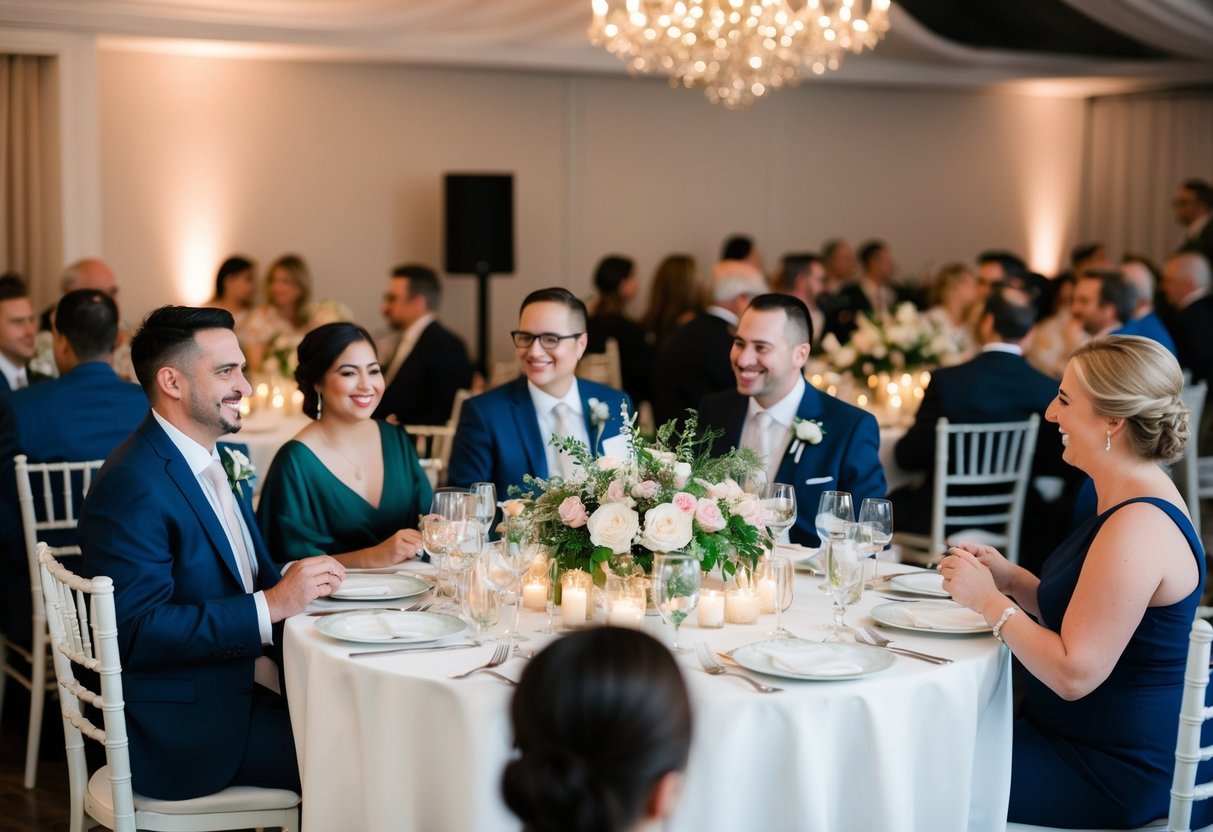 Guests seated at round tables adorned with floral centerpieces, enjoying a wedding dinner as soft music fills the air