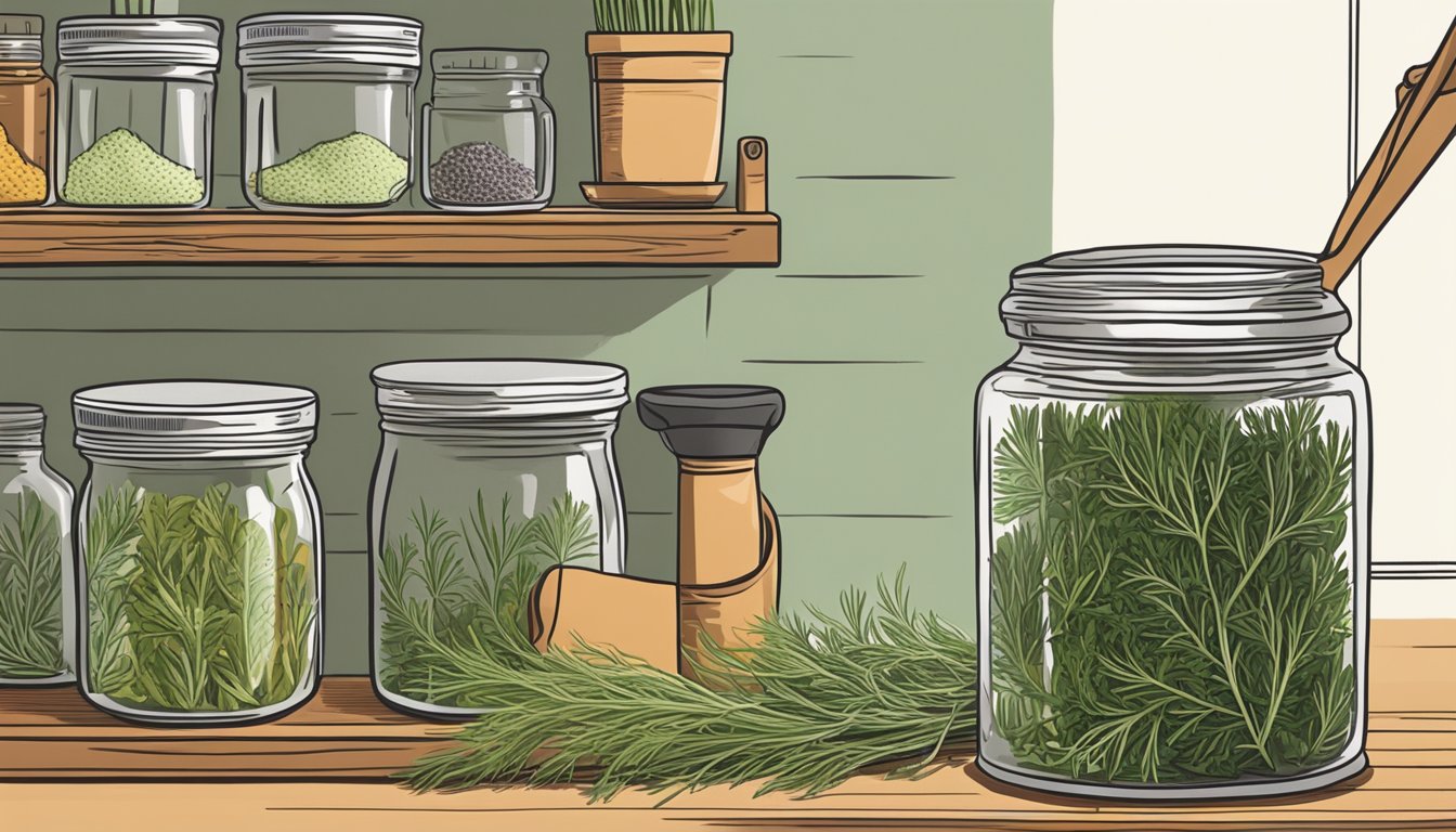 A hand reaching for a jar of dill on a spice rack, with a bunch of fresh tarragon sitting next to it