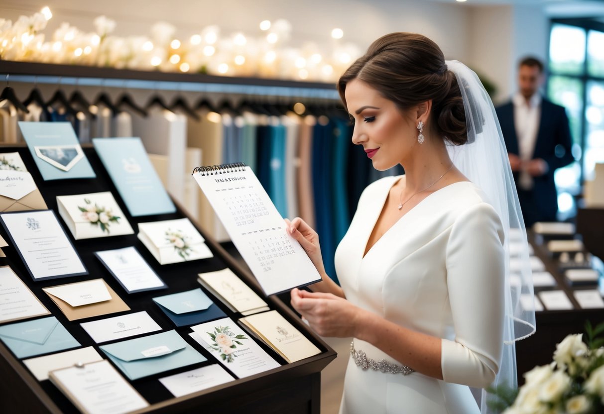 A bride browsing through a variety of elegant wedding invitation designs at a stationery store, with a calendar in hand, contemplating the ideal timing for placing her order