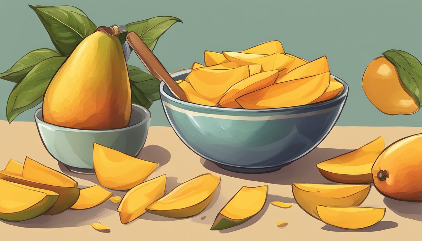 Dried mango slices placed next to a bowl of fresh mango, with a measuring cup and spoon nearby for use in recipes